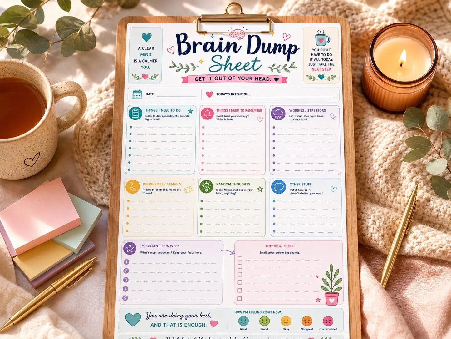 Brain Dump Sheet Printable (Mindfulness, Self - Improvement & ADHD Mental Clutter Reset Sheet - Empower Planners