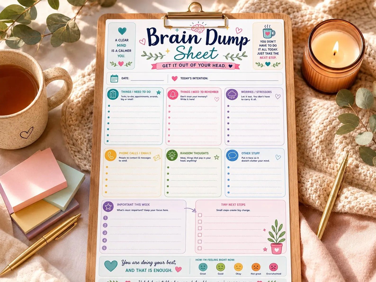 Brain Dump Sheet Printable (Mindfulness, Self - Improvement & ADHD Mental Clutter Reset Sheet - Empower Planners