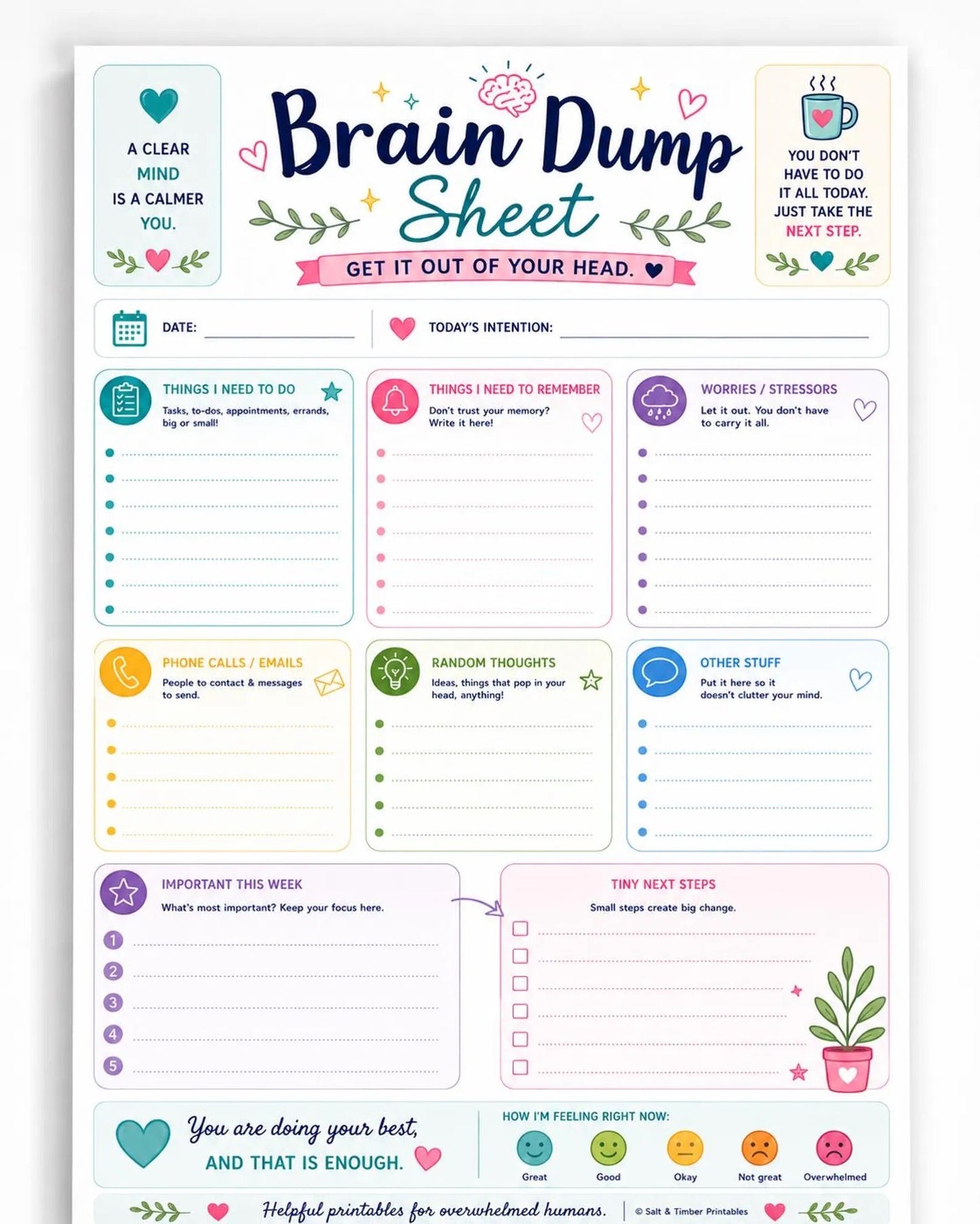 Brain Dump Sheet Printable (Mindfulness, Self - Improvement & ADHD Mental Clutter Reset Sheet - Empower Planners