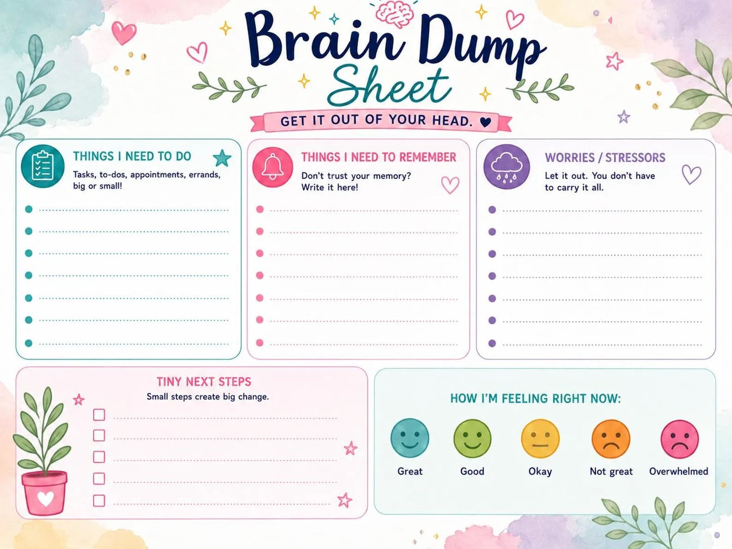 Brain Dump Sheet Printable (Mindfulness, Self - Improvement & ADHD Mental Clutter Reset Sheet - Empower Planners